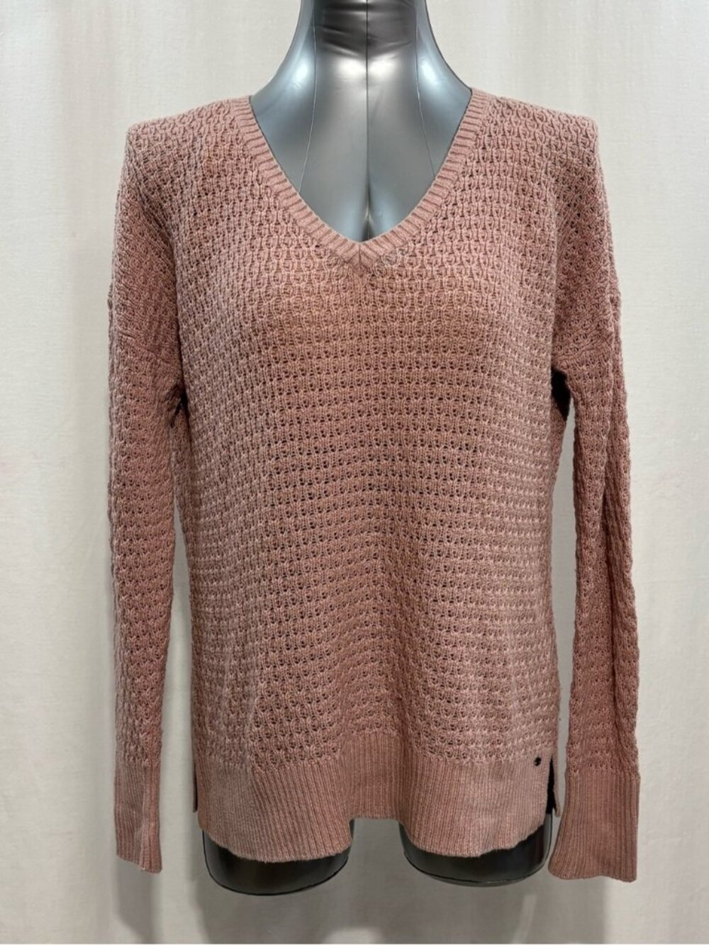 American Eagle Outfitters V-Neck Waffle Sweater Dusty Rose Pink Medium